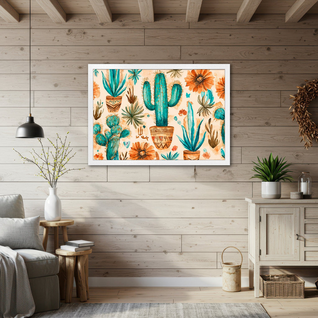 Framed Poster featuring watercolor cacti and flowers. Earthy tones with pops of turquoise and orange. Perfect for adding a touch of nature to your home!