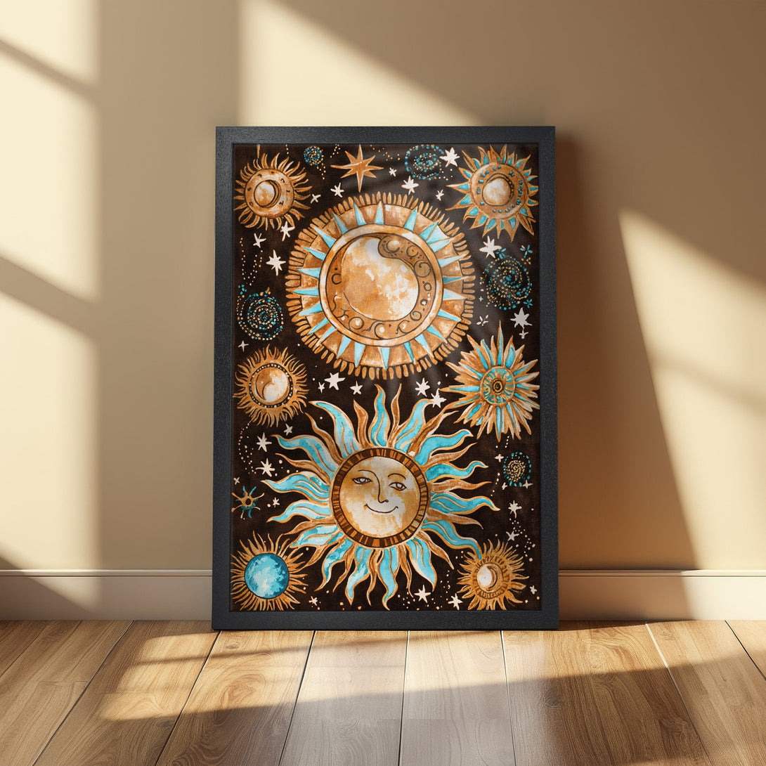 Framed Poster featuring a celestial sun and moon design in a boho style, with a warm brown and blue color palette. Perfect wall art!