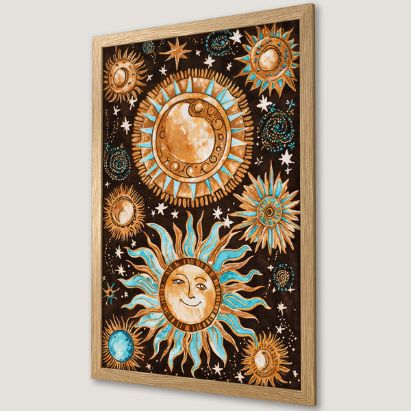 Framed Poster featuring a celestial sun and stars design in a bohemian style with a brown, gold, and teal color palette.