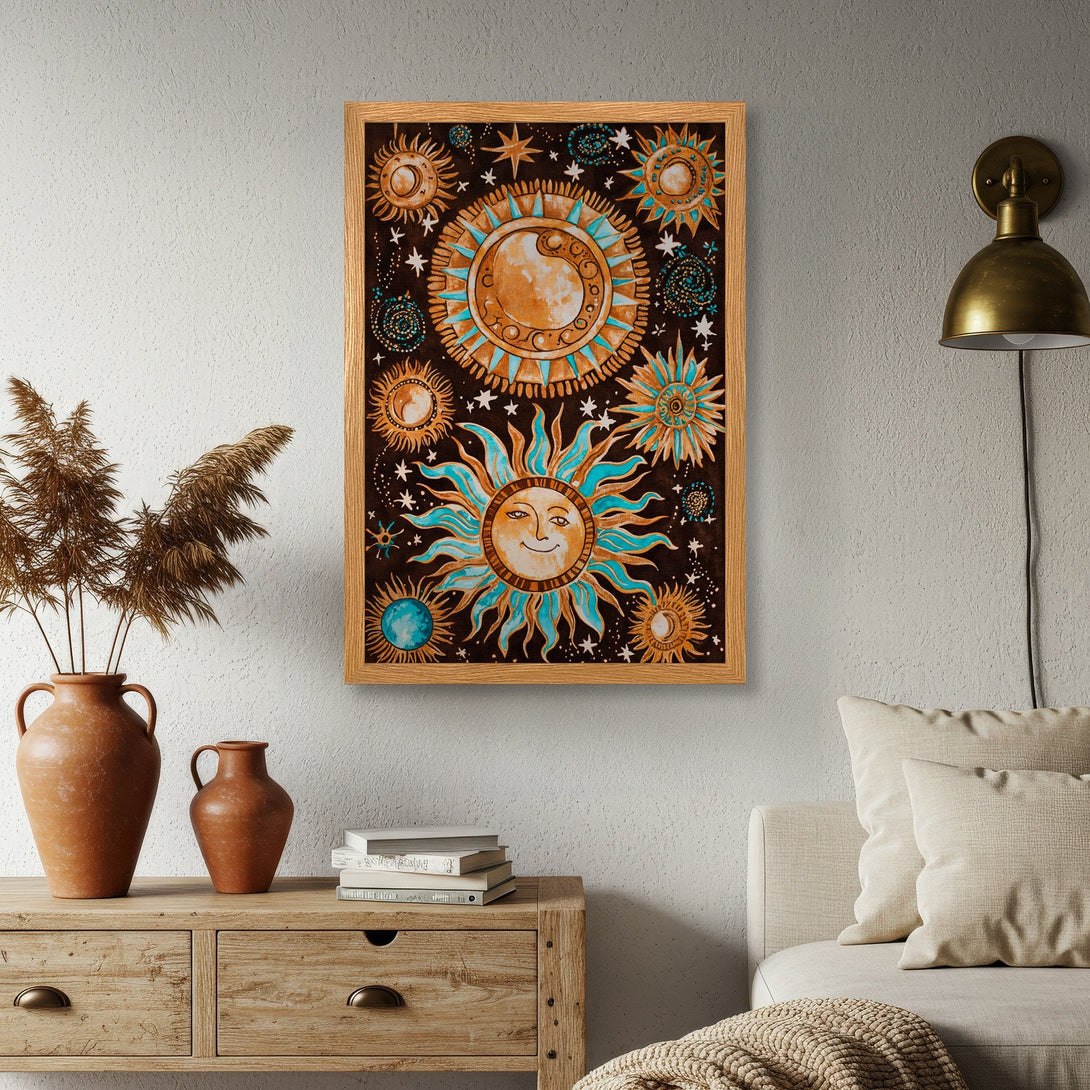 Framed Poster featuring a celestial design with suns and stars. Bohemian style, brown, turquoise, and gold color palette. Perfect wall art!