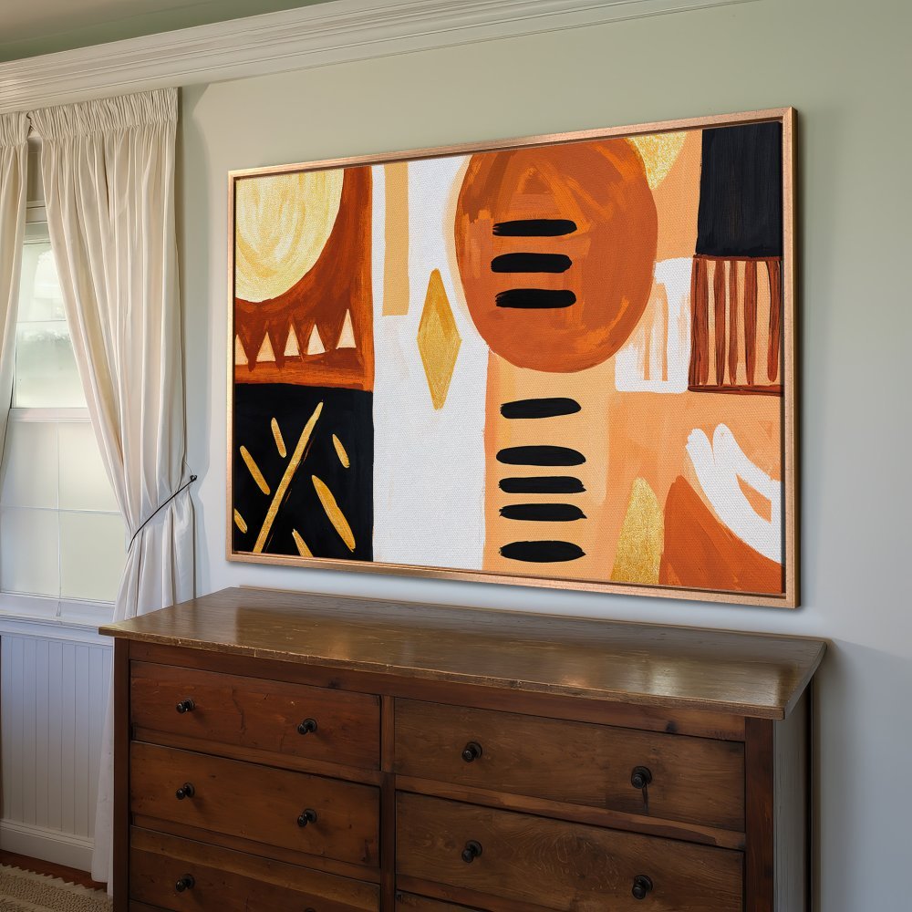 Framed Wall Art: Abstract art Canvas Print in warm orange, black, and gold tones. Modern art for home decor, adds a stylish touch to any room.