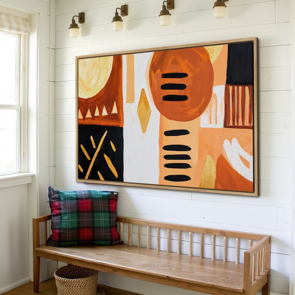 Framed Wall Art: Abstract geometric Canvas Print in warm orange, black, and gold tones. Modern art for home decor.