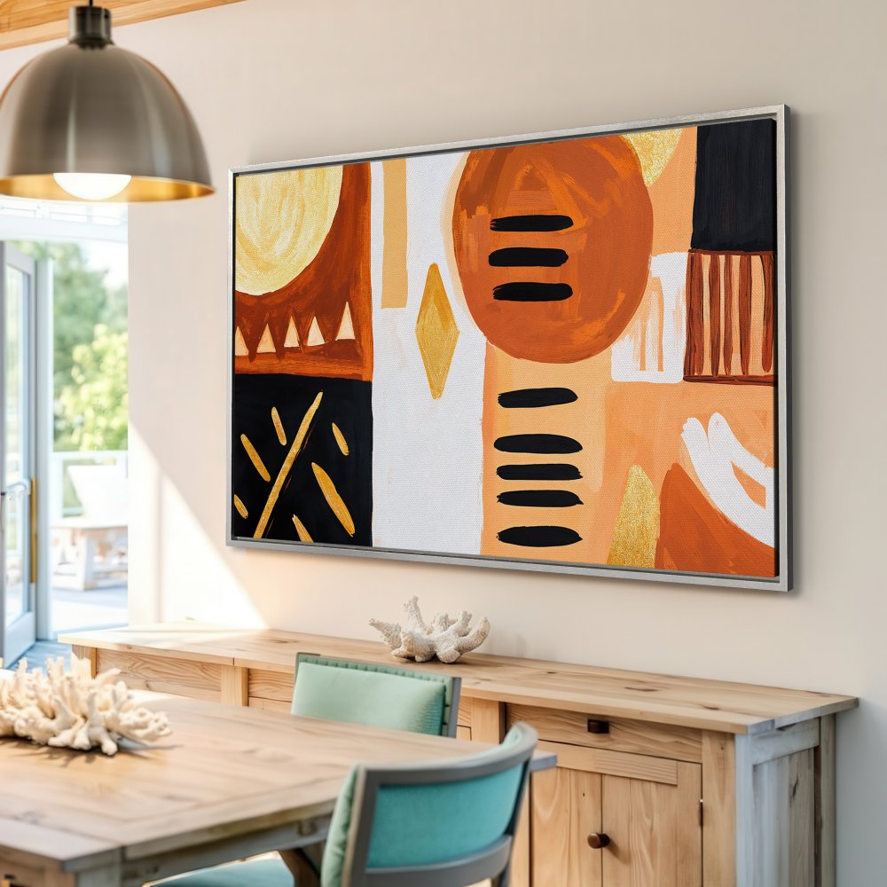 Framed Wall Art: Modern abstract art print in warm orange, black, and gold tones. Perfect for adding a stylish touch to your dining room decor.