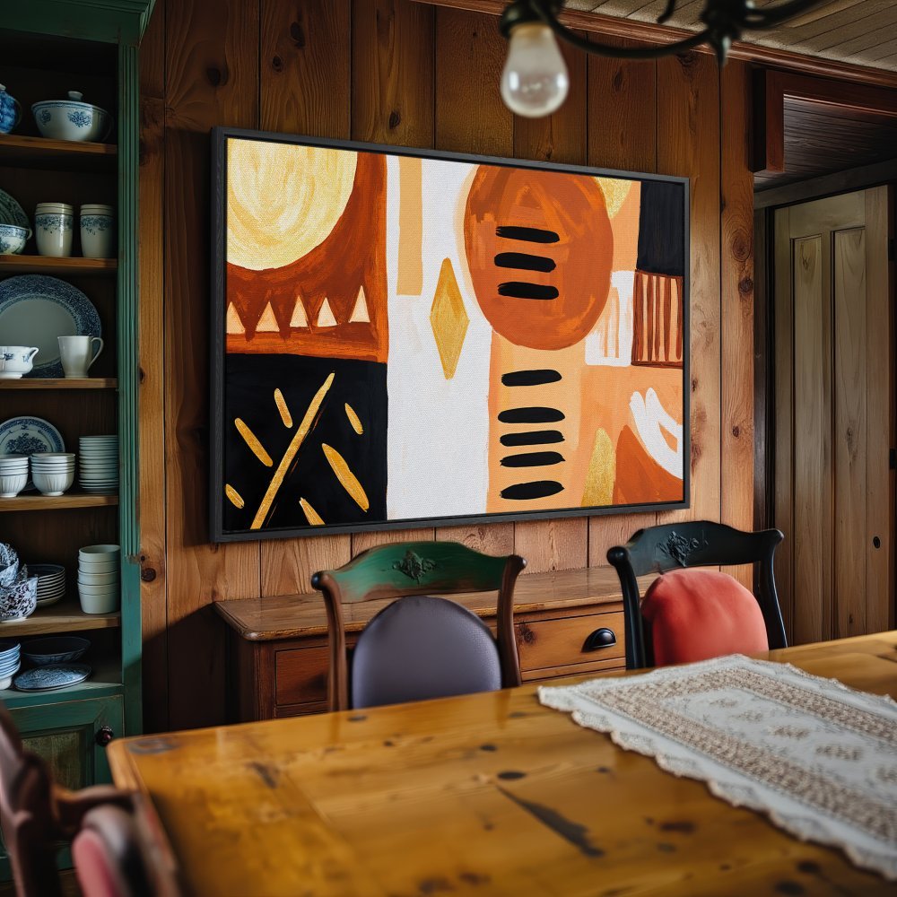 Framed Wall Art: Modern abstract art Canvas Print in warm orange, black, and gold tones, perfect for rustic or contemporary interiors.