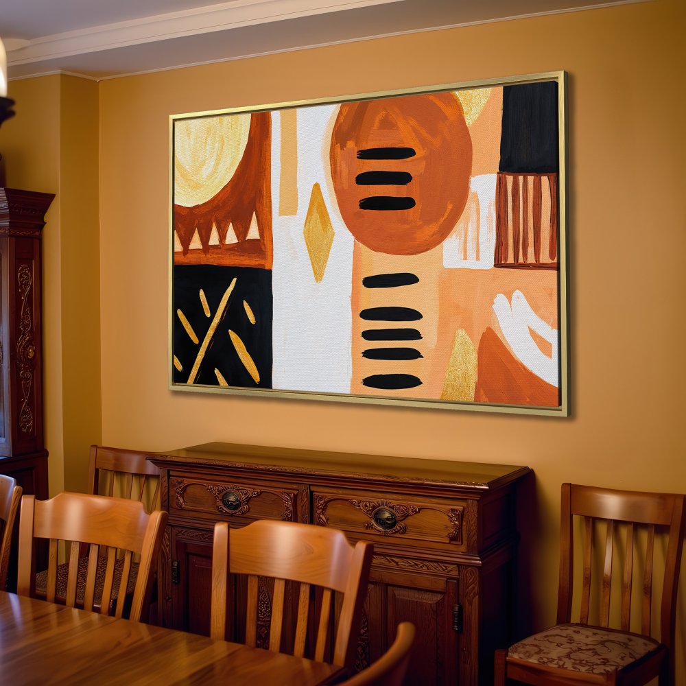 Abstract Canvas Print in warm earth tones. Modern art for living room decor. Gold, brown, and black palette.