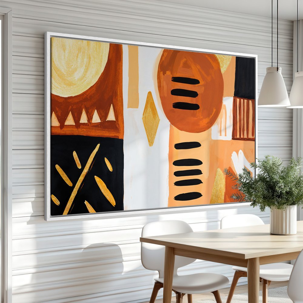 Framed Wall Art: Abstract art Canvas Print in warm orange, black, and gold tones. Modern art for home decor, perfect for living rooms and dining areas.