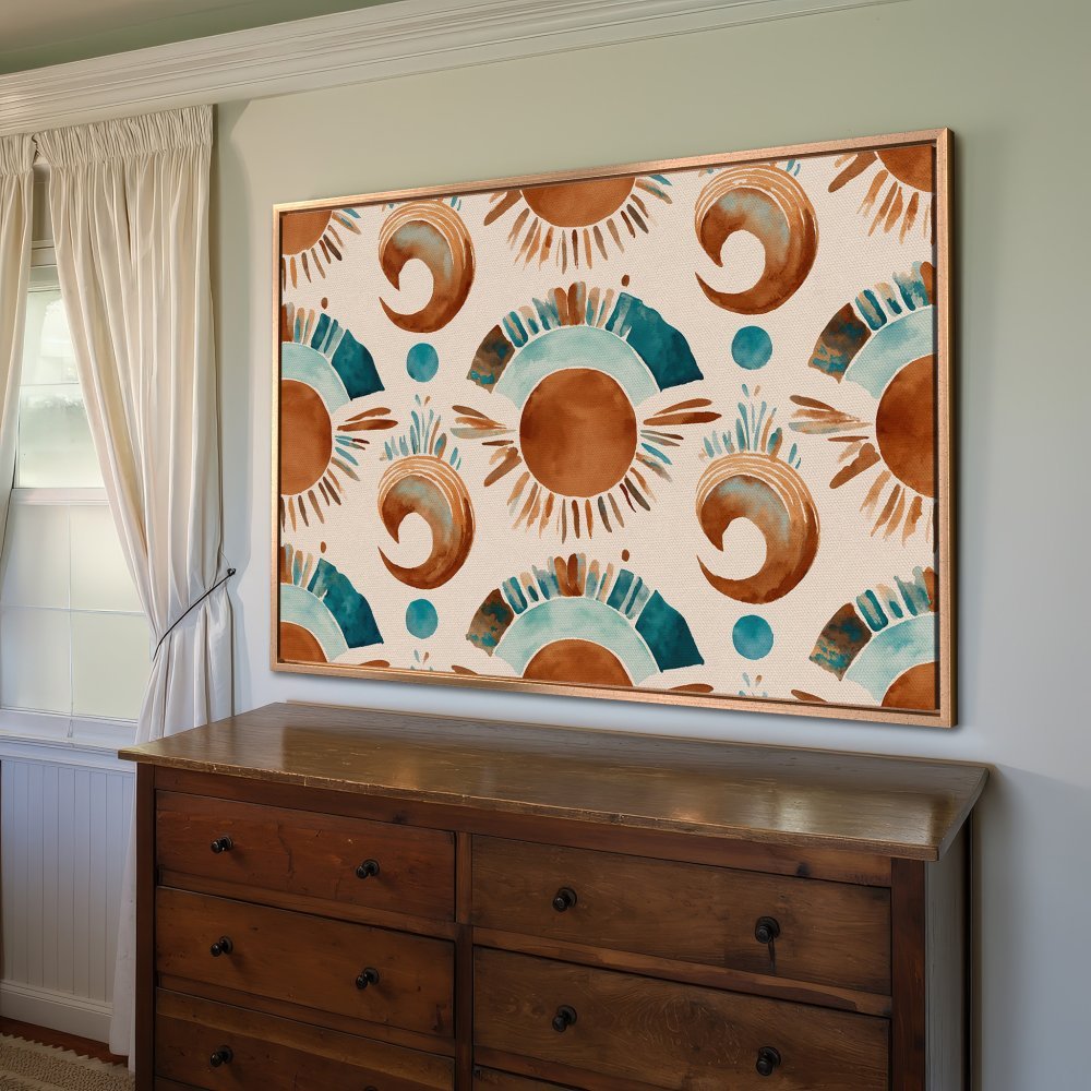 Framed Wall Art: Watercolor sunburst pattern in earthy tones. Add a touch of boho style to your space with this beautiful Canvas Print!