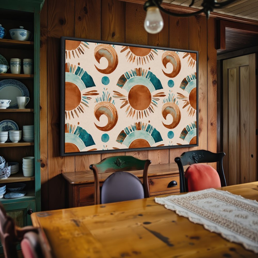 Framed Wall Art featuring a watercolor sunburst pattern in earthy tones of brown, teal, and beige. Perfect for adding a touch of boho style!