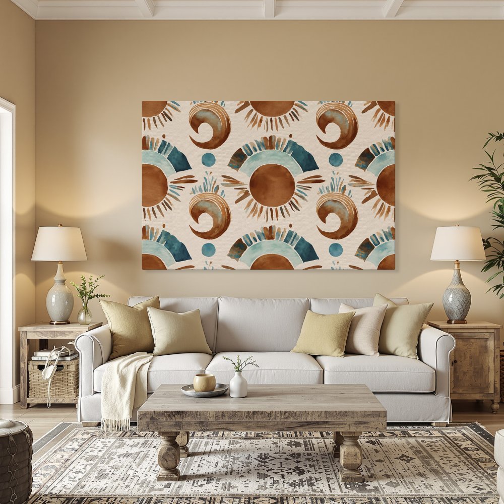Framed Wall Art featuring a watercolor abstract pattern in earthy tones of brown, teal, and beige. Perfect for adding style to your dining room!
