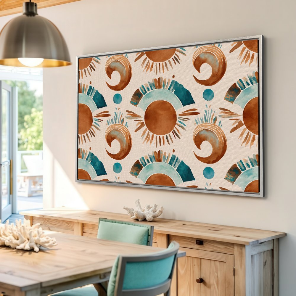 Framed Wall Art: Abstract watercolor sun pattern in warm brown & teal hues. Perfect for adding a touch of boho style to your home decor.