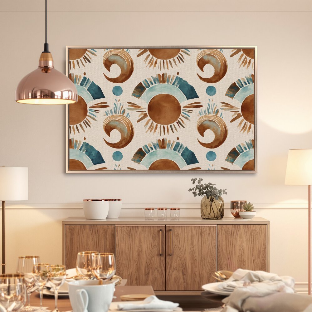 Framed Wall Art featuring a boho watercolor pattern in earthy tones of brown, blue, and beige. Perfect for adding style to your dining room!