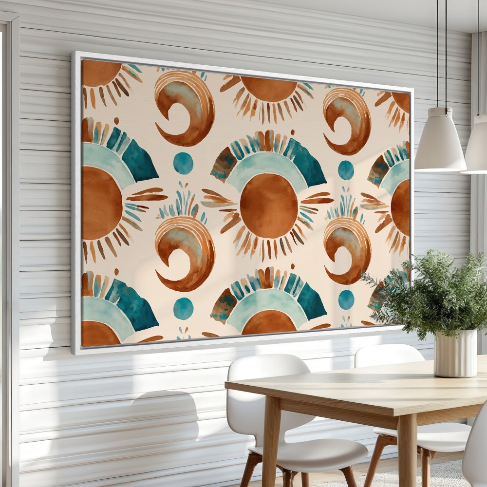 Framed Wall Art: Abstract watercolor sunburst pattern in earthy tones. Elevate your space with this stylish Canvas Print!