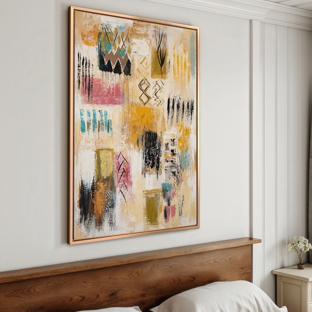 Abstract Canvas Print in warm tones, perfect for modern interiors. Features a colorful, textured design with a gold frame.