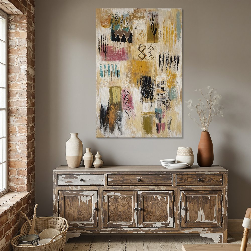 Framed Wall Art: Abstract painting with a warm, neutral color palette. Modern art canvas print perfect for dining room decor.