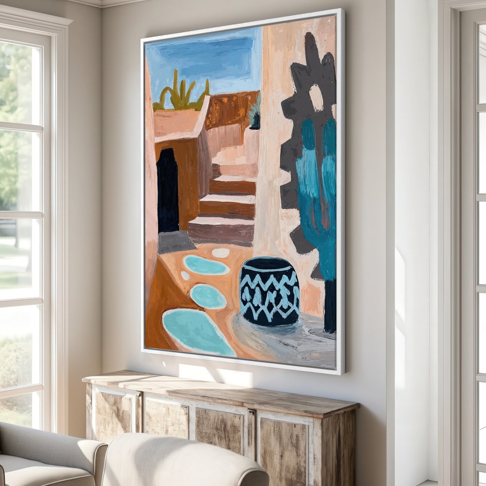 Framed Wall Art: Abstract desert scene canvas print in warm earth tones and turquoise. Perfect for adding a touch of modern art to your home decor.
