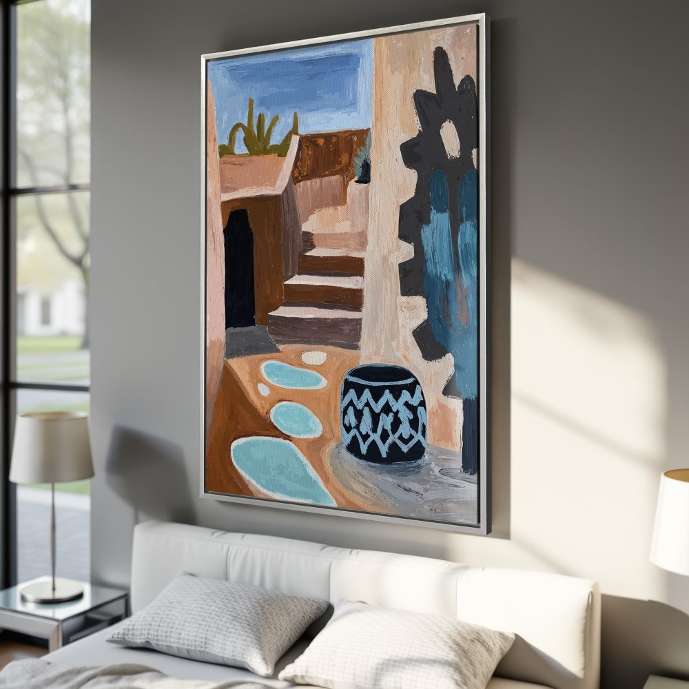 Abstract Canvas Print, earthy tones & blue accents. Modern art of a courtyard scene. Elevate your space with stylish wall decor.