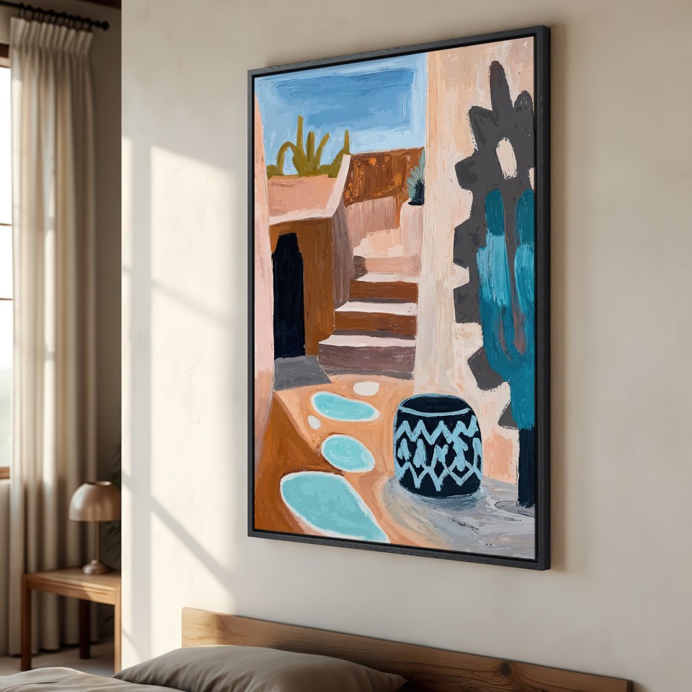 Framed Wall Art: Abstract landscape Canvas Print in earthy tones. Modern art with blue, brown, and beige palette, perfect for home decor.