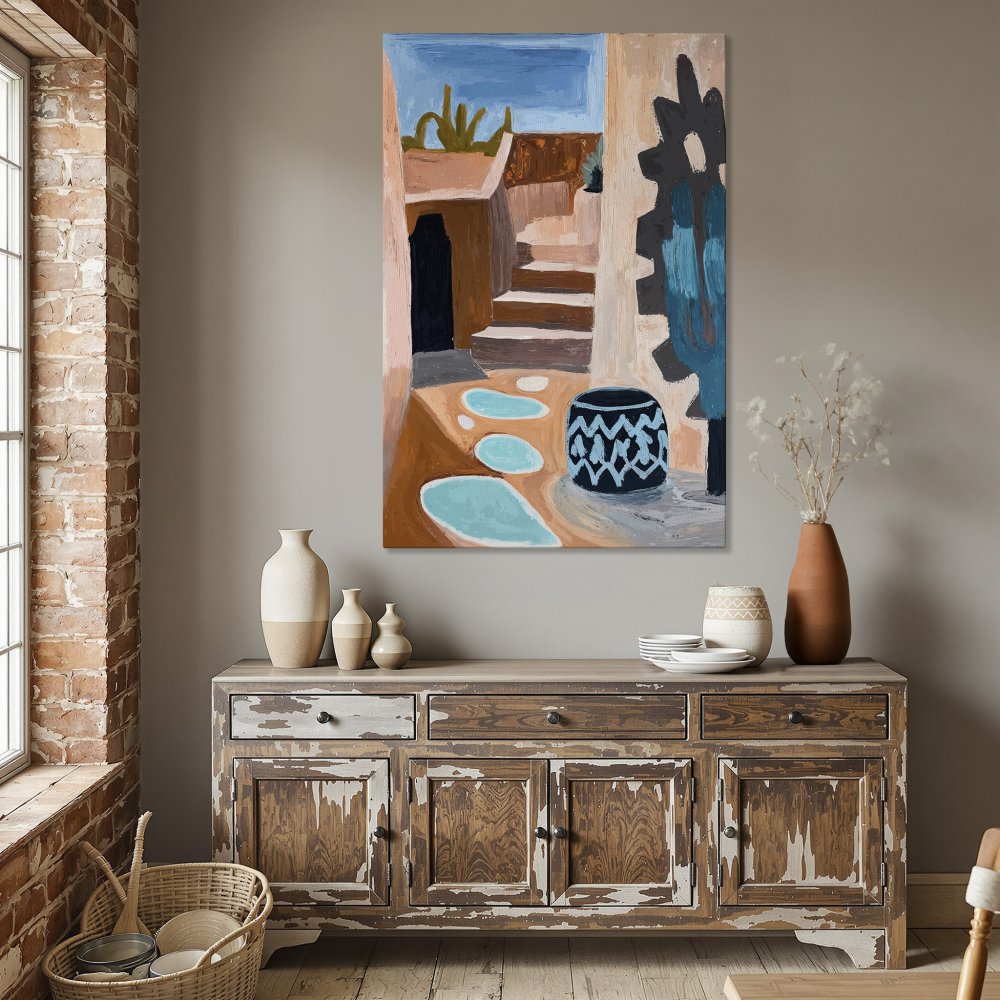 Framed Wall Art Canvas Print featuring an abstract landscape in warm earth tones with pops of teal. Perfect for adding a touch of modern art to your dining room.