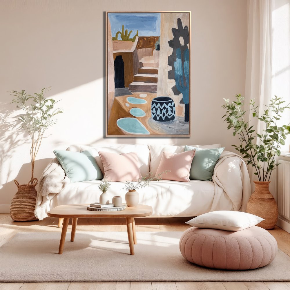 Framed Wall Art: Abstract landscape Canvas Print in neutral tones, perfect for modern living room decor. Earthy palette with blue accents.