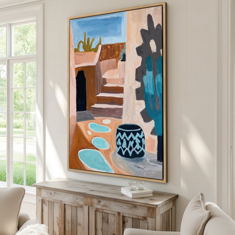 Framed Wall Art: Abstract desert scene canvas print in warm earth tones and teal. Perfect for adding a pop of color and style to your home decor.