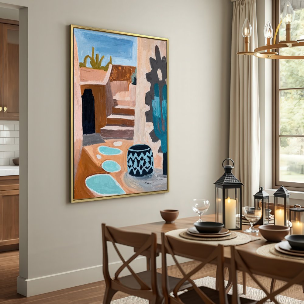 Canvas Print of an abstract desert scene in warm earth tones and blues. Add artistic flair to your space!