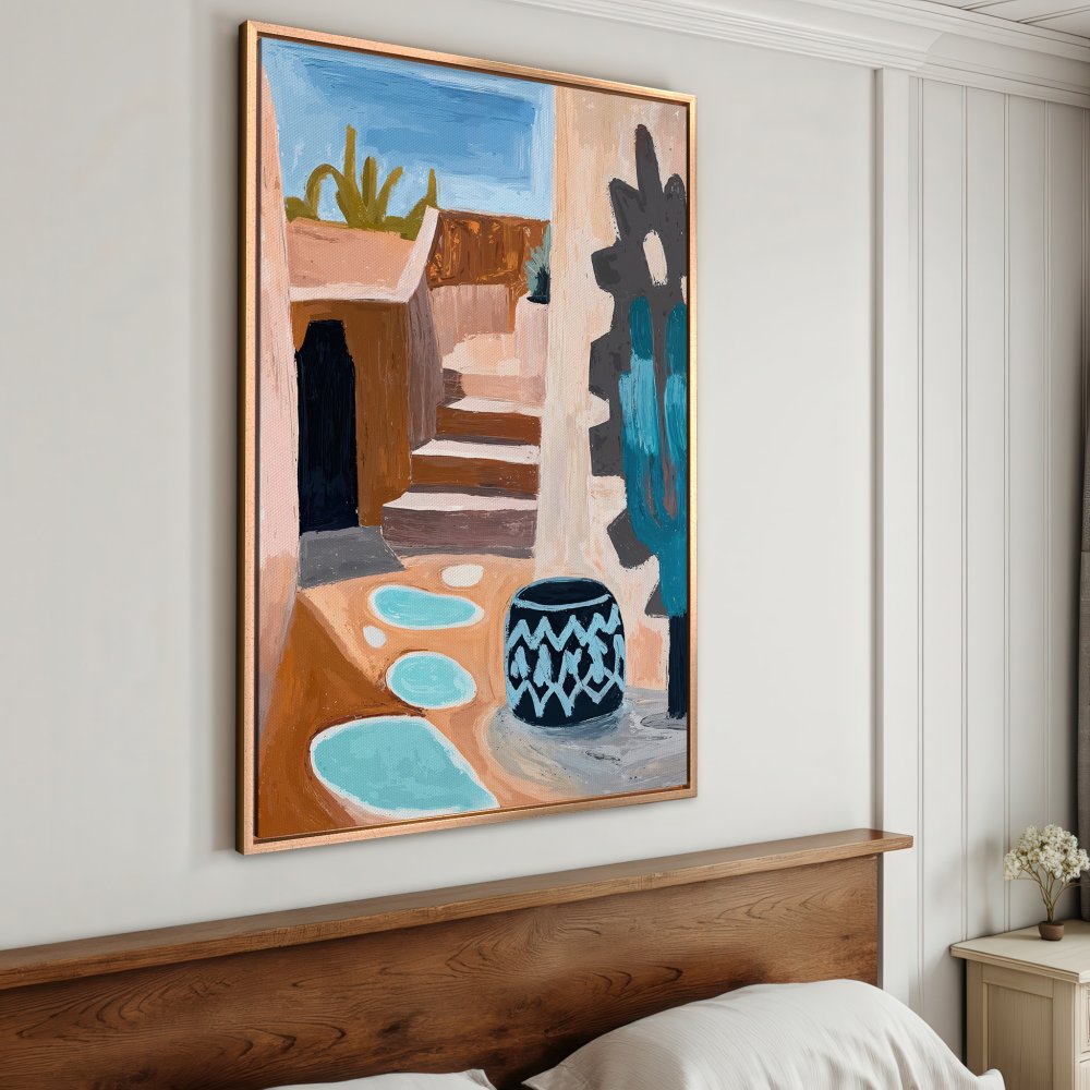 Framed Wall Art: Abstract landscape Canvas Print in warm earth tones and blue, perfect for adding artistic flair to your home decor.