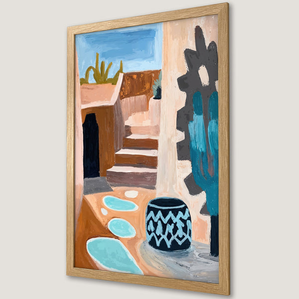 Framed Poster featuring an abstract courtyard scene in warm tones with blue accents. Modern art style, perfect for home decor.