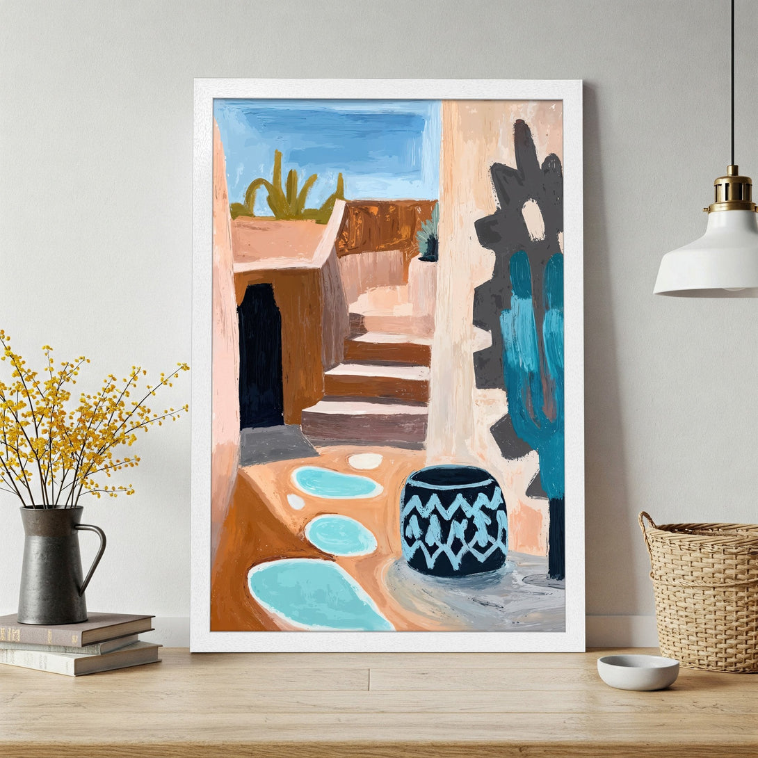 Framed Poster featuring an abstract illustration of a courtyard scene. Earthy tones with pops of blue in a modern art style. Perfect wall decor!