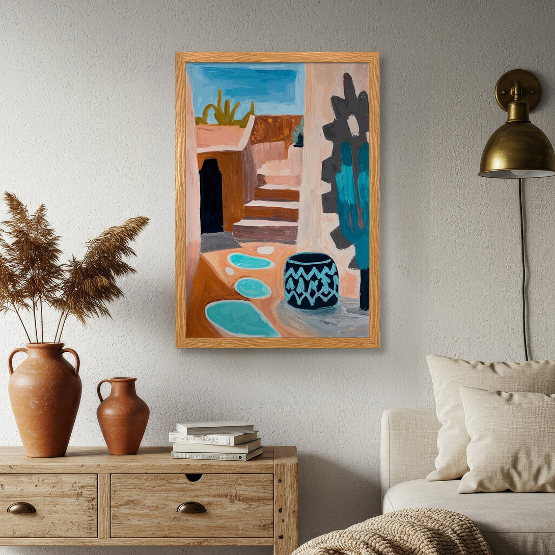 Framed Poster featuring an abstract desert landscape in warm tones with teal accents. Add a touch of art to your space!