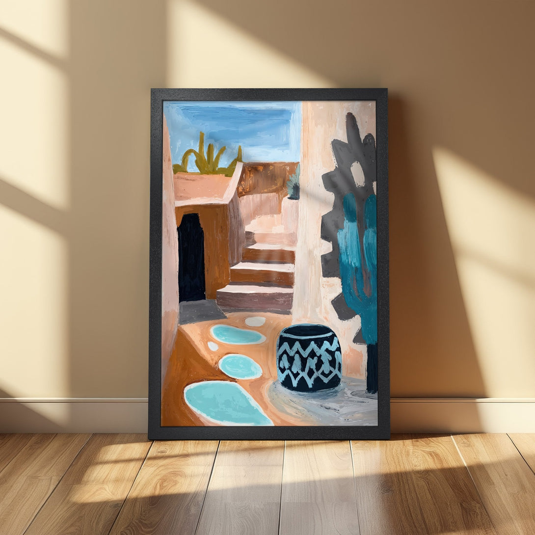 Framed Poster featuring an abstract desert scene in warm earth tones with pops of blue. Modern art style, perfect for home decor.