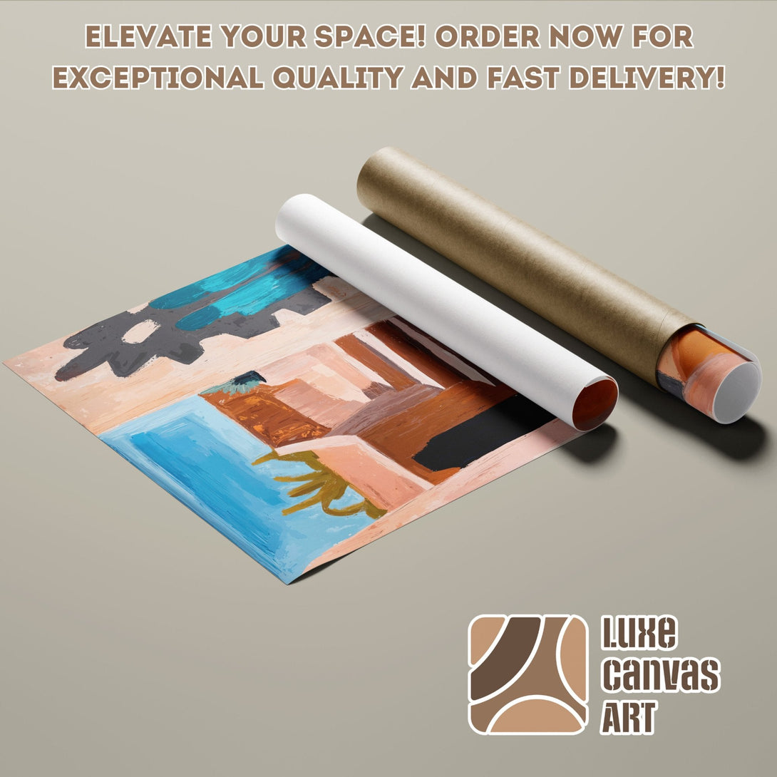Abstract art poster roll, neutral palette with blues & browns. Elevate your space with this unique Poster! Order now for fast delivery.