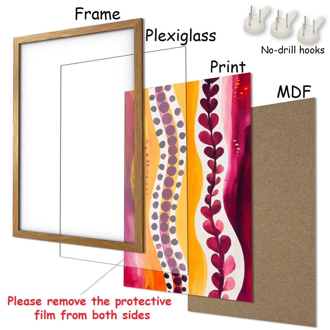 Framed Poster with abstract watercolor art in warm yellow, orange, and red tones. Perfect wall decor!