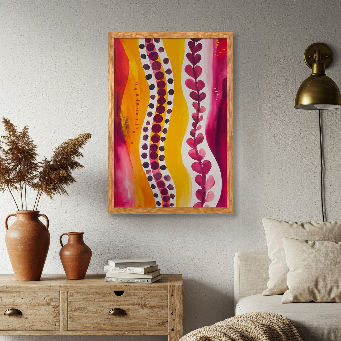 Framed Poster featuring abstract art in vibrant yellow, pink, and red hues. Add a pop of color to your space with this stylish Poster!