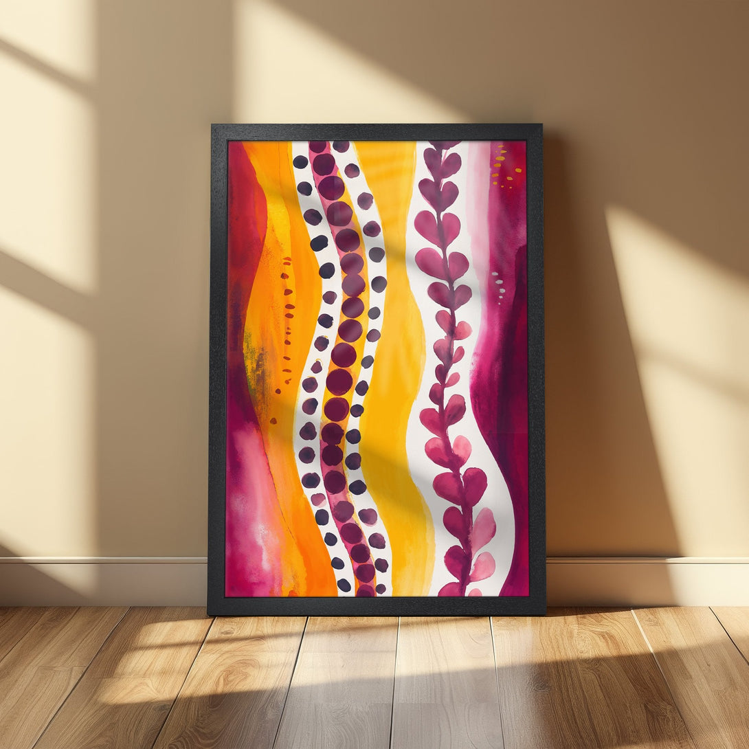 Framed Poster featuring abstract watercolor art in vibrant orange, yellow, and magenta hues. Modern wall decor for your home.