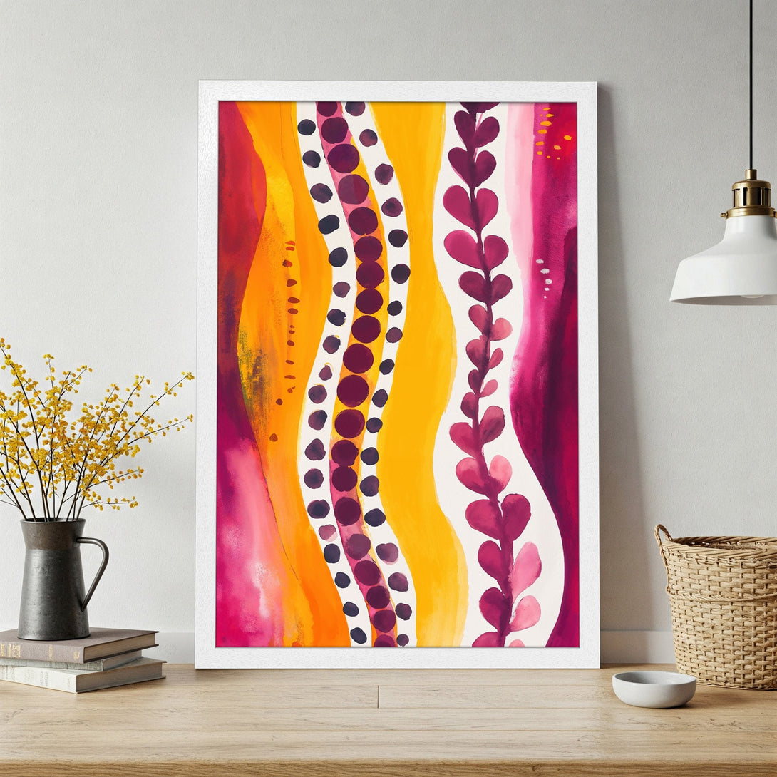 Framed Poster featuring abstract watercolor art in vibrant orange, yellow, and magenta hues. Modern art style, perfect for home decor.