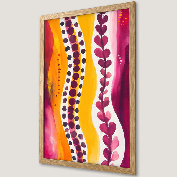 Framed Poster featuring an abstract watercolor design with vibrant orange, yellow, and pink hues. Modern art style, perfect for home decor.