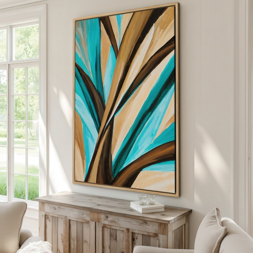 Abstract Canvas Print in teal, brown, and beige. Modern wall art for home decor.