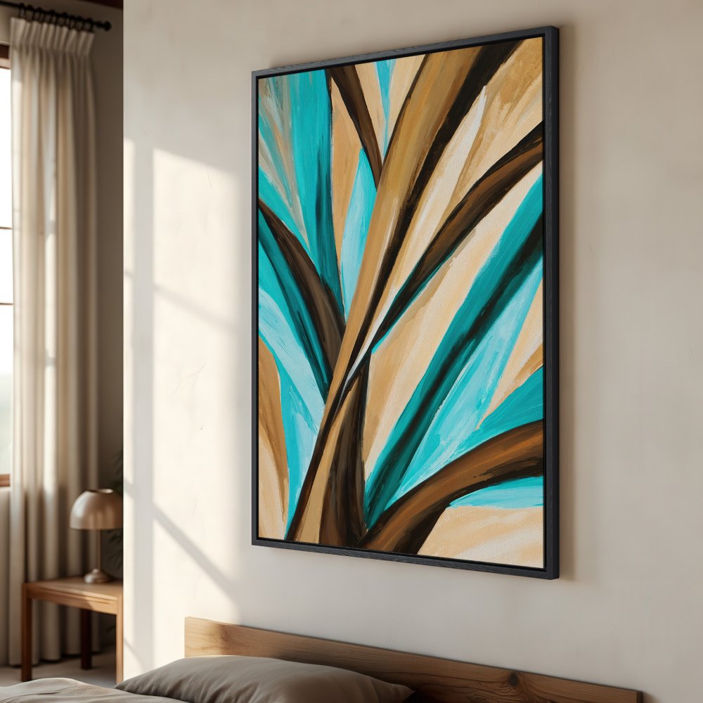 Framed Wall Art: Abstract teal, brown, and beige canvas print. Modern art for bedroom decor. Enhance your space with this unique artwork.