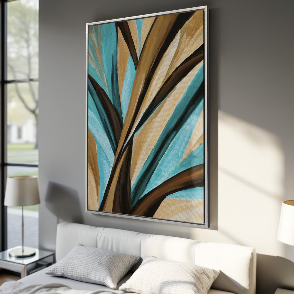 Framed Wall Art: Abstract canvas print featuring teal, brown & beige brushstrokes. Modern art for bedroom decor. Add a pop of color!