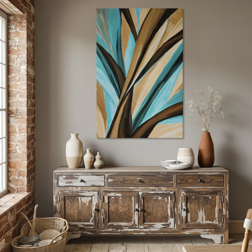 Framed Wall Art: Abstract teal, brown, and beige painting. Modern canvas print adds stylish decor to a dining room. Shop wall art today!