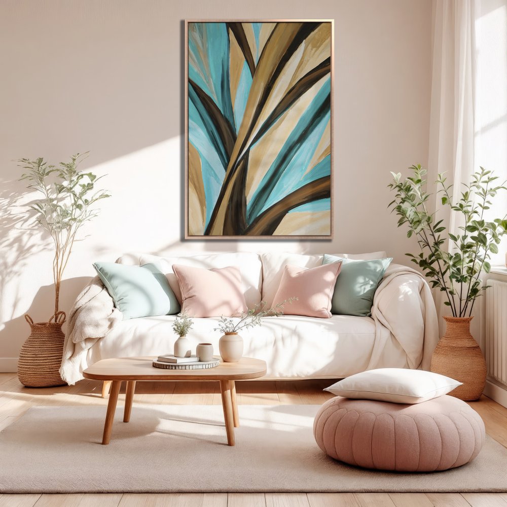 Framed Wall Art: Abstract art print in blue, brown, and beige. Modern canvas art for living room decor. Add style with this beautiful artwork.