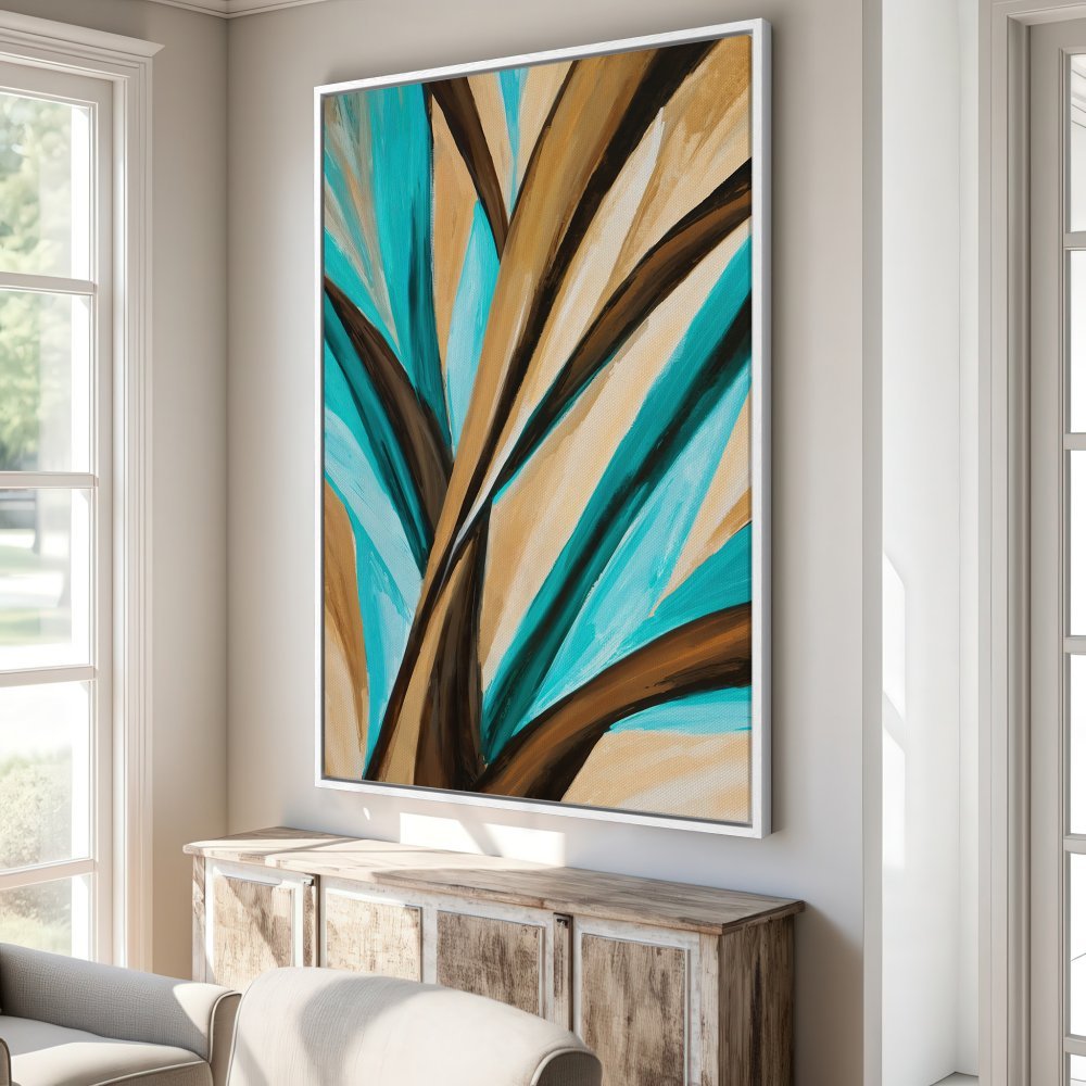 Abstract Canvas Print with turquoise, brown, and tan brushstrokes. Modern wall art for living room decor.