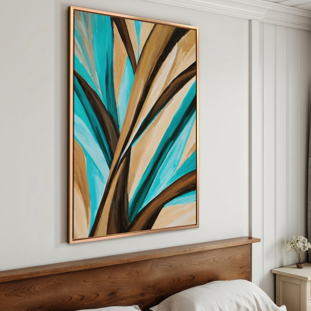 Framed Wall Art: Abstract teal, brown, and beige painting. Modern canvas print adds a pop of color and style to any bedroom decor.