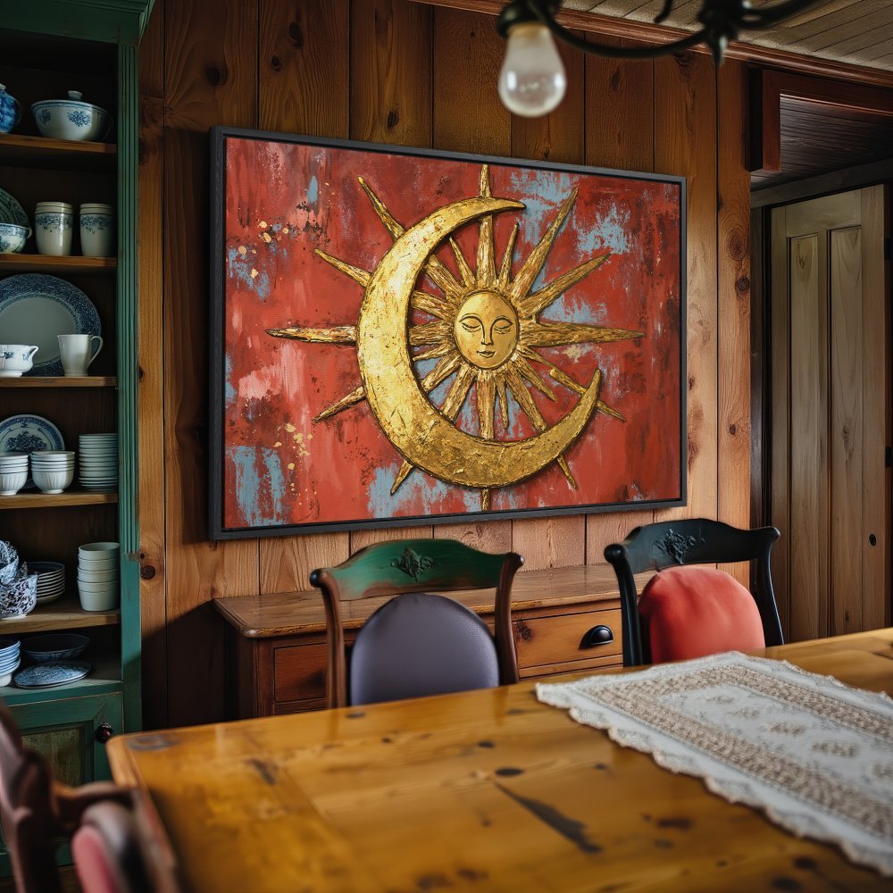 Framed Wall Art: Celestial sun and moon design in gold on a red & blue abstract background. Perfect for adding a touch of boho style to your home.