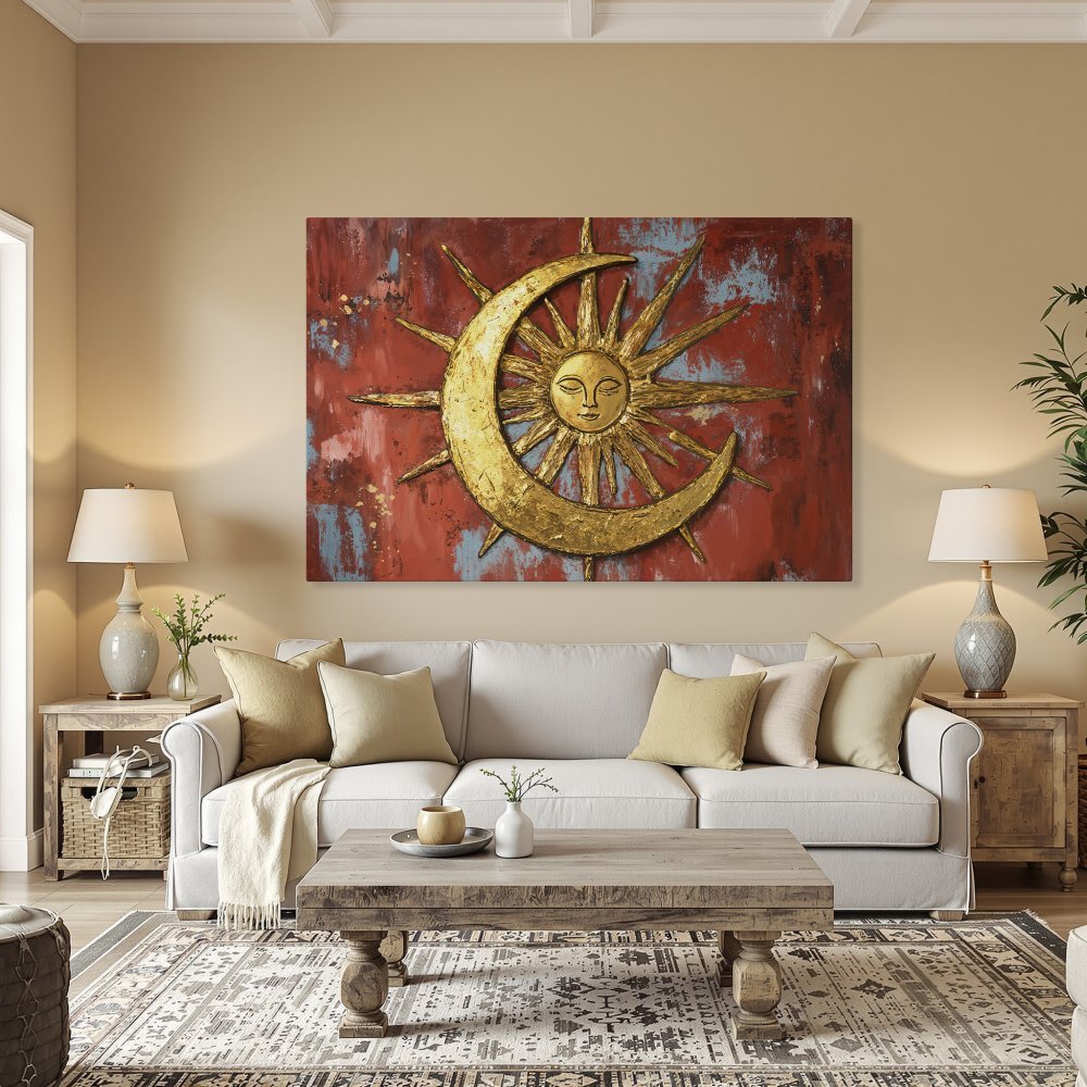 Framed Wall Art: Celestial sun and moon design in gold on a red and blue textured background. Adds a touch of bohemian style to any space.