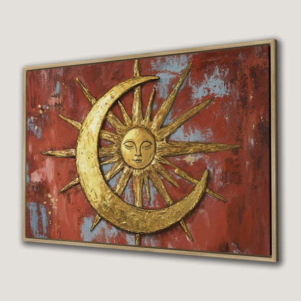 Framed Wall Art: Celestial sun and moon art in gold on a textured red background. Add a touch of bohemian style to your home!