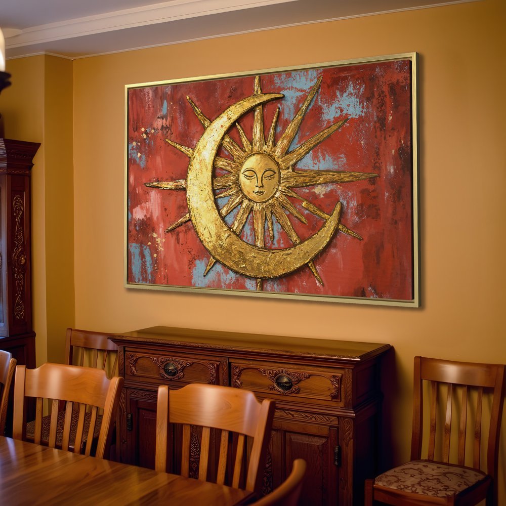 Canvas Print featuring a golden sun and moon on a red and blue abstract background. Rustic, bohemian style wall art for your home.