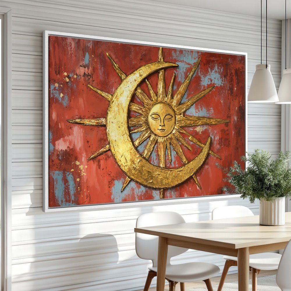 Framed Wall Art: Celestial sun and moon art in gold and red. Add a touch of bohemian style to your home decor with this unique canvas print.