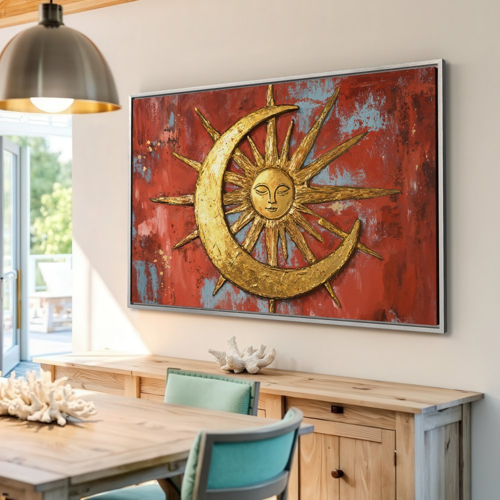 Framed Wall Art: Celestial sun and moon artwork in gold on a red background. Adds a touch of bohemian style to any space.