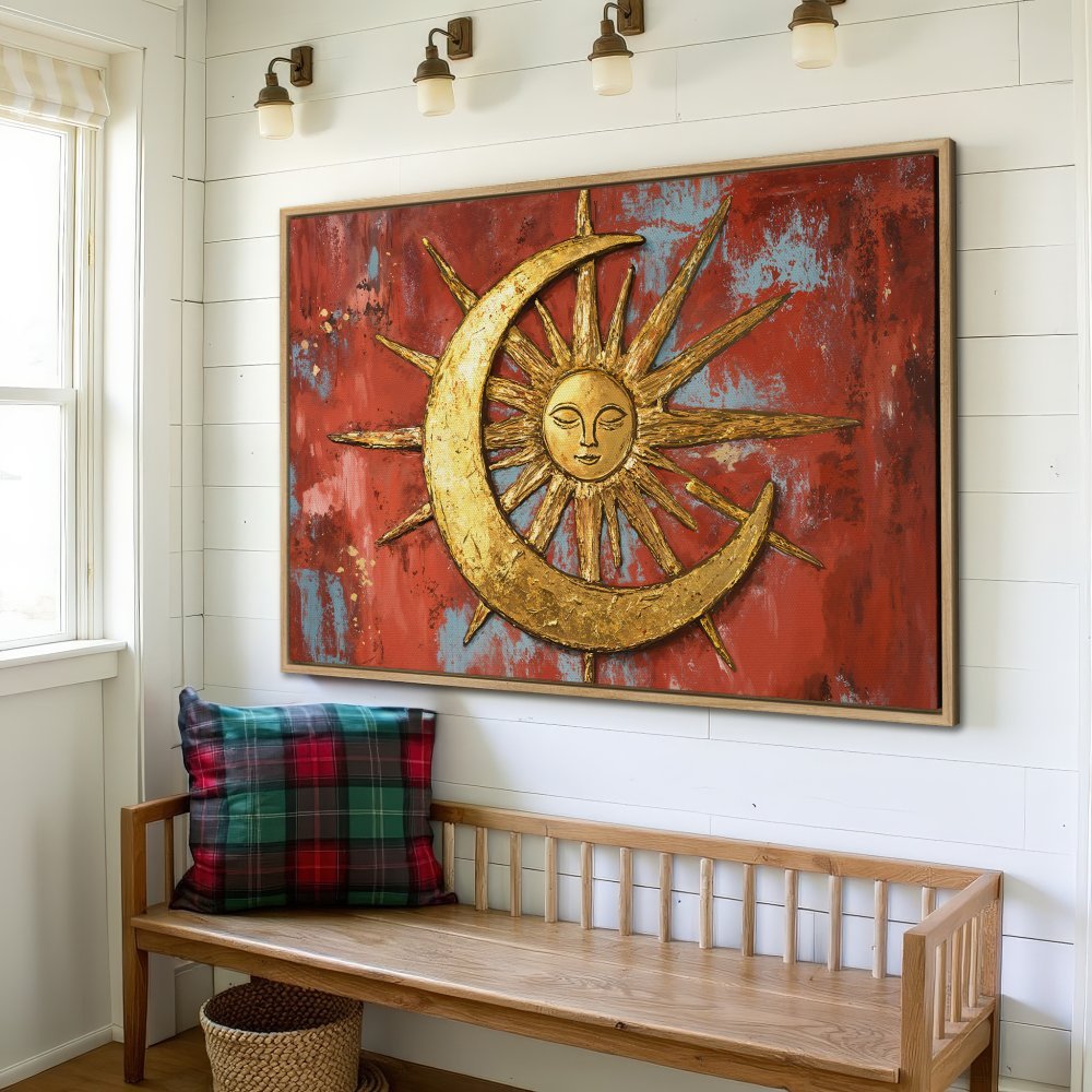 Framed Wall Art: Celestial sun and moon canvas print in warm red and gold tones. Add a touch of bohemian style to your home decor!
